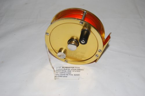 3 7/8 SEAMASTER Custom Built for John Emery. RHW. This reel has the frame and cross pillars of the original S-Handle Seamaster, but it is a Direct Drive, with the Drag Knob in the center of the spool. SOLD
